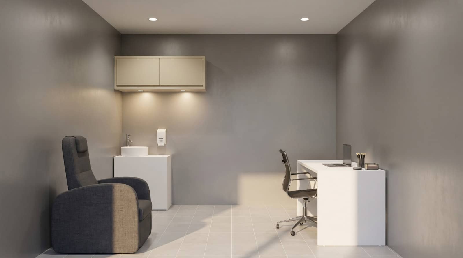 Consultório com poltrona e mesa de atendimento