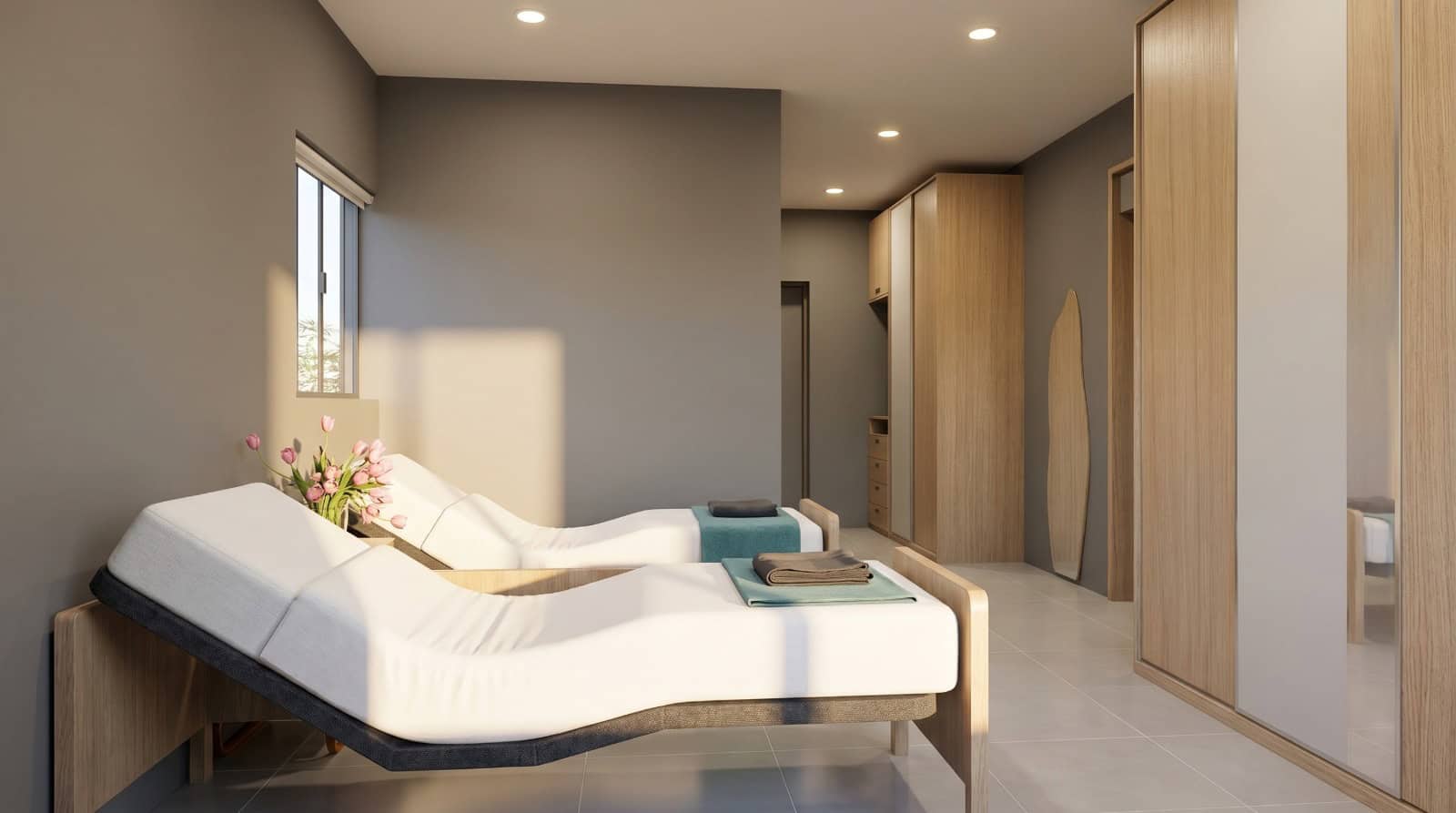 Sala de fisioterapia com macas e closet