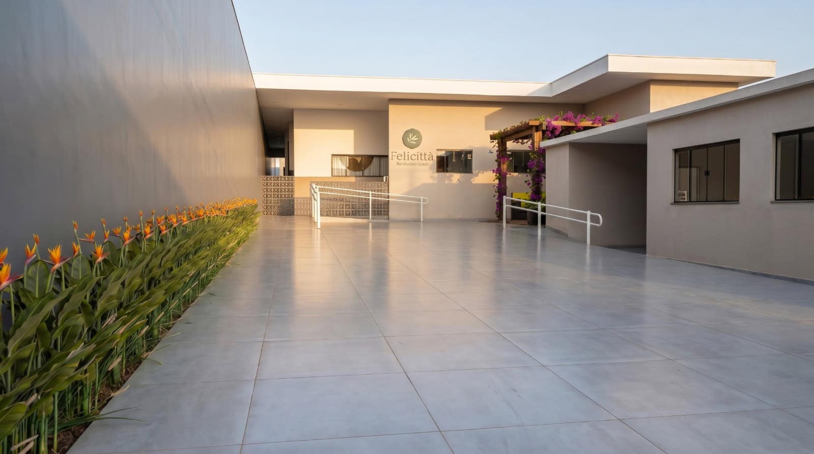 Pátio externo com flores Strelitzia