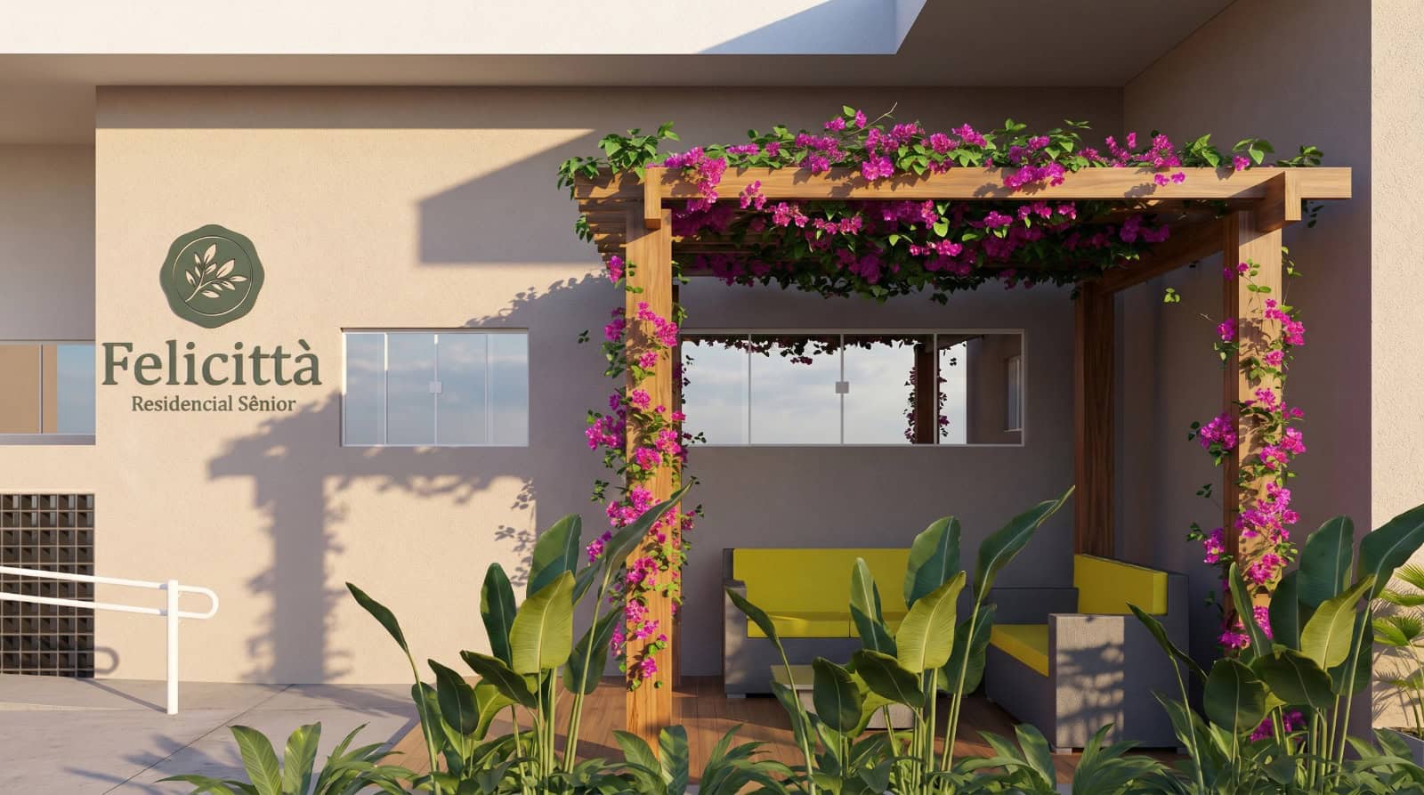 Detalhe da fachada com flores rosa e logo Felicittà