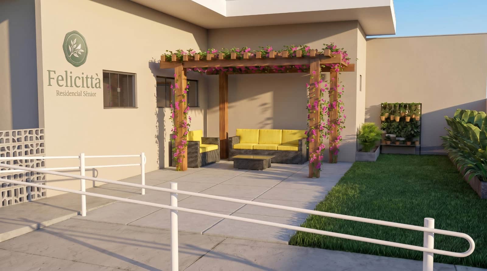Pergola com flores e fachada do Felicittà