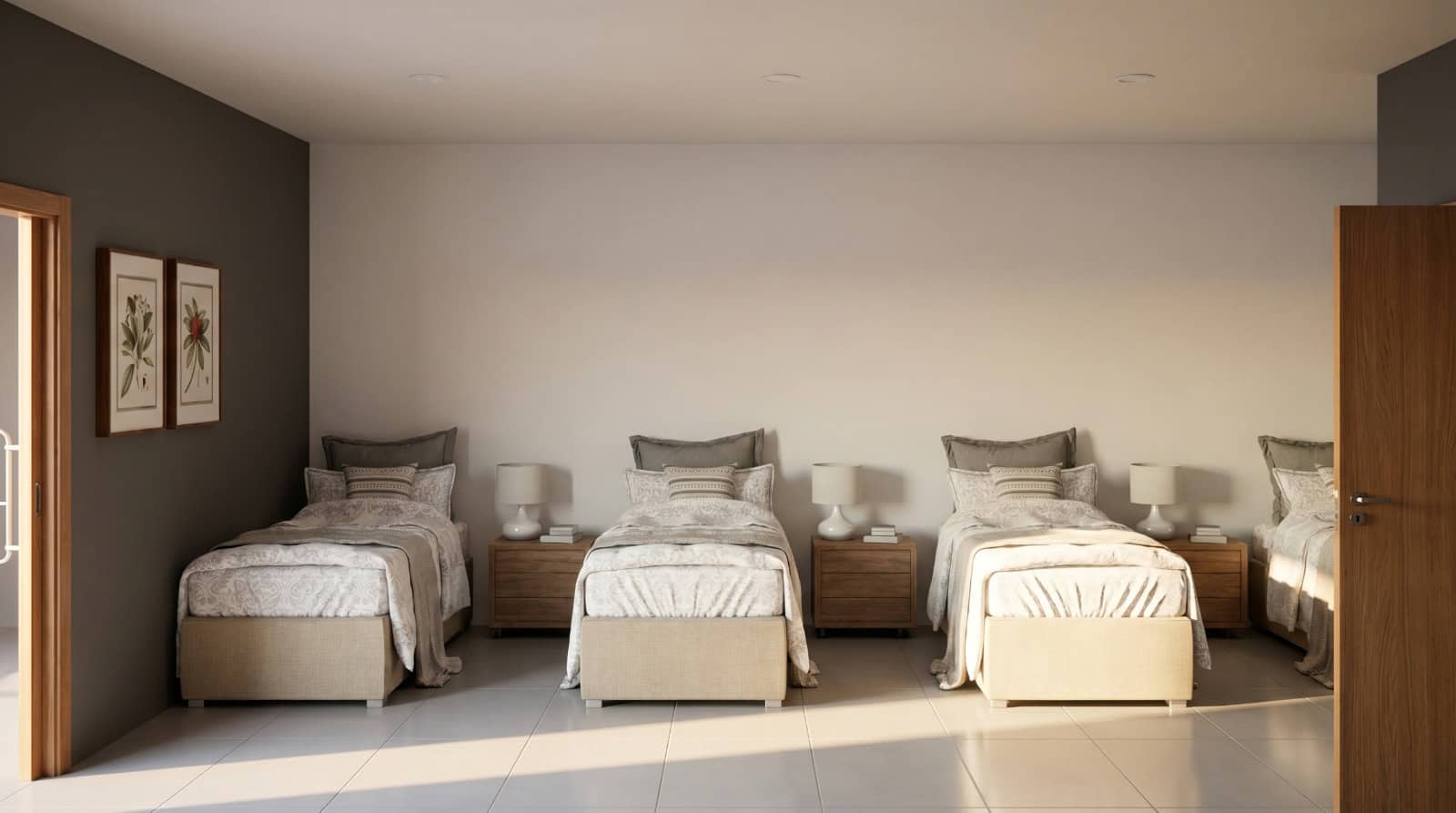 Suíte tripla com tons bege e cama de cabeceira