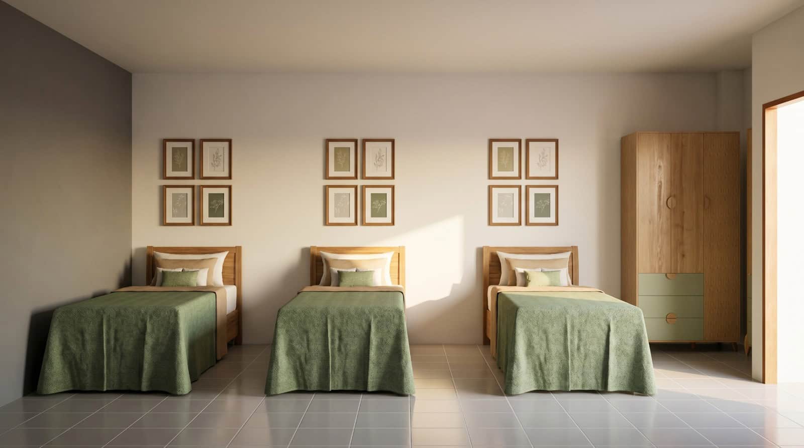 Quarto compartilhado com decoração em tons verdes e quadros botânicos