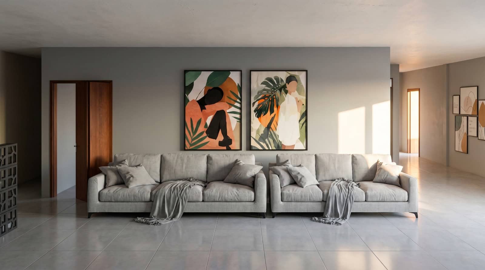 Sala de estar ampla com sofás e arte botânica