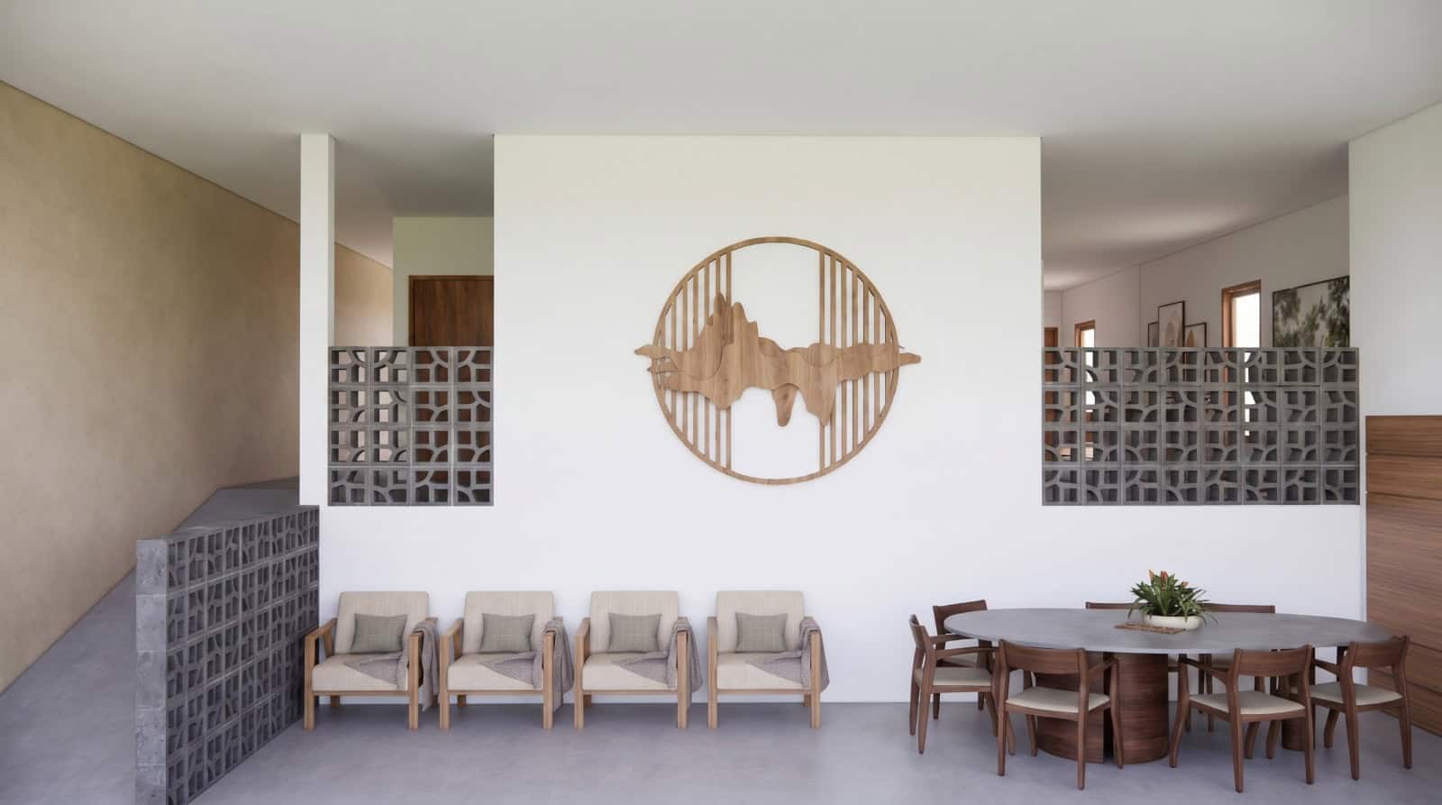 Sala de jantar do Felicittà Residencial Sênior — espaço amplo com painel decorativo de madeira e área de refeições comum